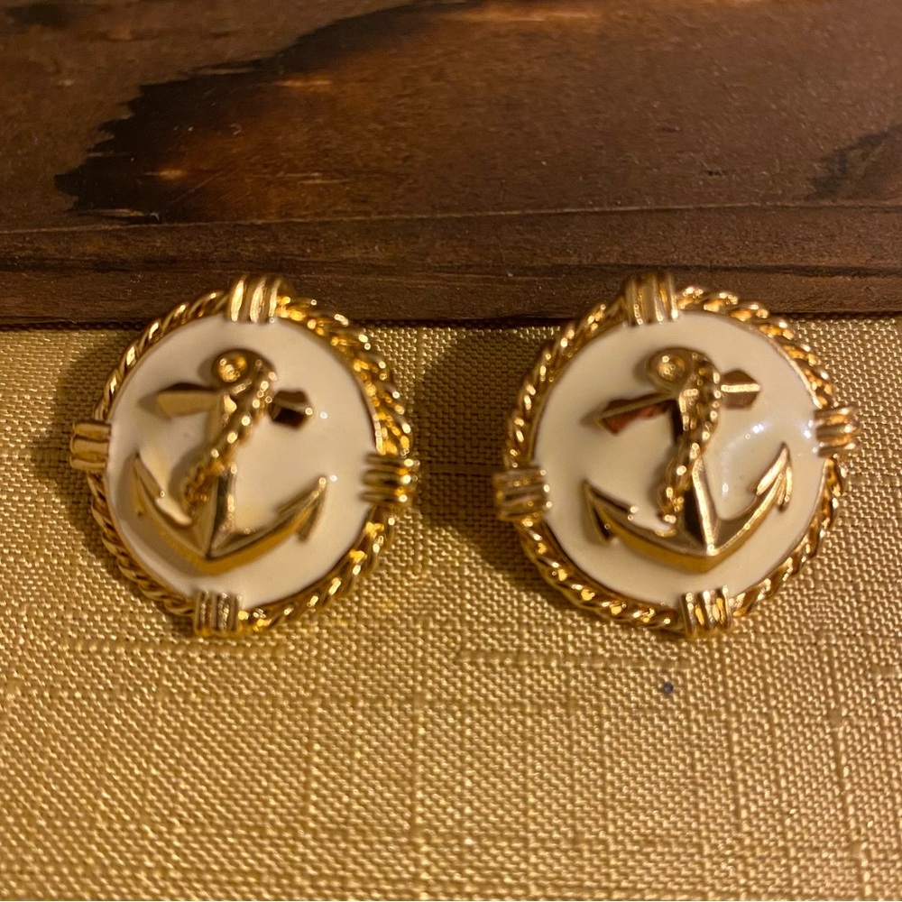 Vintage Nautical enamel anchor pierced earrings